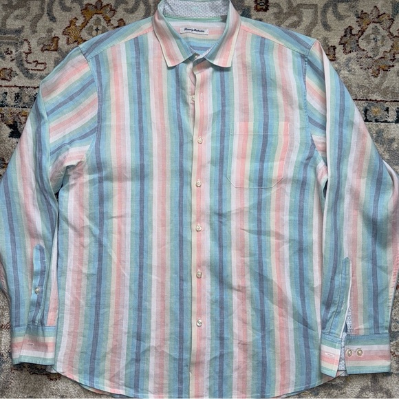 Tommy Bahama Men's linen Sunset Pier Stripe Shirt, Blue Crush large - Picture 2 of 13